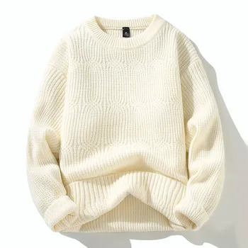 2023 Зима / осень, высококачественный модный свитер с круглым вырезом, Мужские повседневные свободные теплые свитера, Мужские удобные однотонные M-3XL