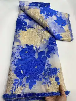 2023 Новое французское дамасское кружевное платье из высококачественной африканской 3D ткани с вышивкой голубыми блестками, жаккардовое индийское свадебное платье сари