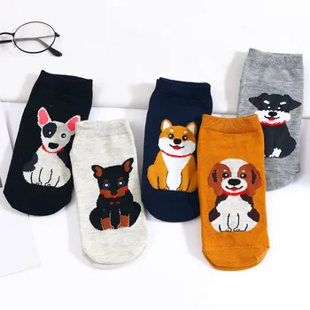 5 Пар / лот, Летние женские носки-лодочки с рисунком мультяшной собаки, Забавные носки до щиколотки для девочек, Дышащий хлопковый невидимый короткий носок