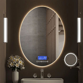 Bluetooth Smart Овальное зеркало для макияжа со светодиодной подсветкой для ванной комнаты с подсветкой теплого белого цвета, антизапотевающие зеркала для салона красоты в отеле с индукцией человеческого тела