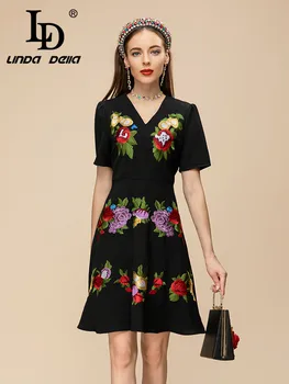 LD LINDA DELLA 2023, новое стильное элегантное вечернее винтажное платье, женское черное платье с вышивкой с V-образным вырезом и высокой талией