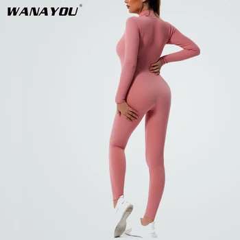 WANAYOU, цельный комплект для йоги с длинным рукавом, женский бесшовный спортивный комплект Slim Fit на молнии, Высокоэластичный комплект для фитнеса со стоячим воротником.