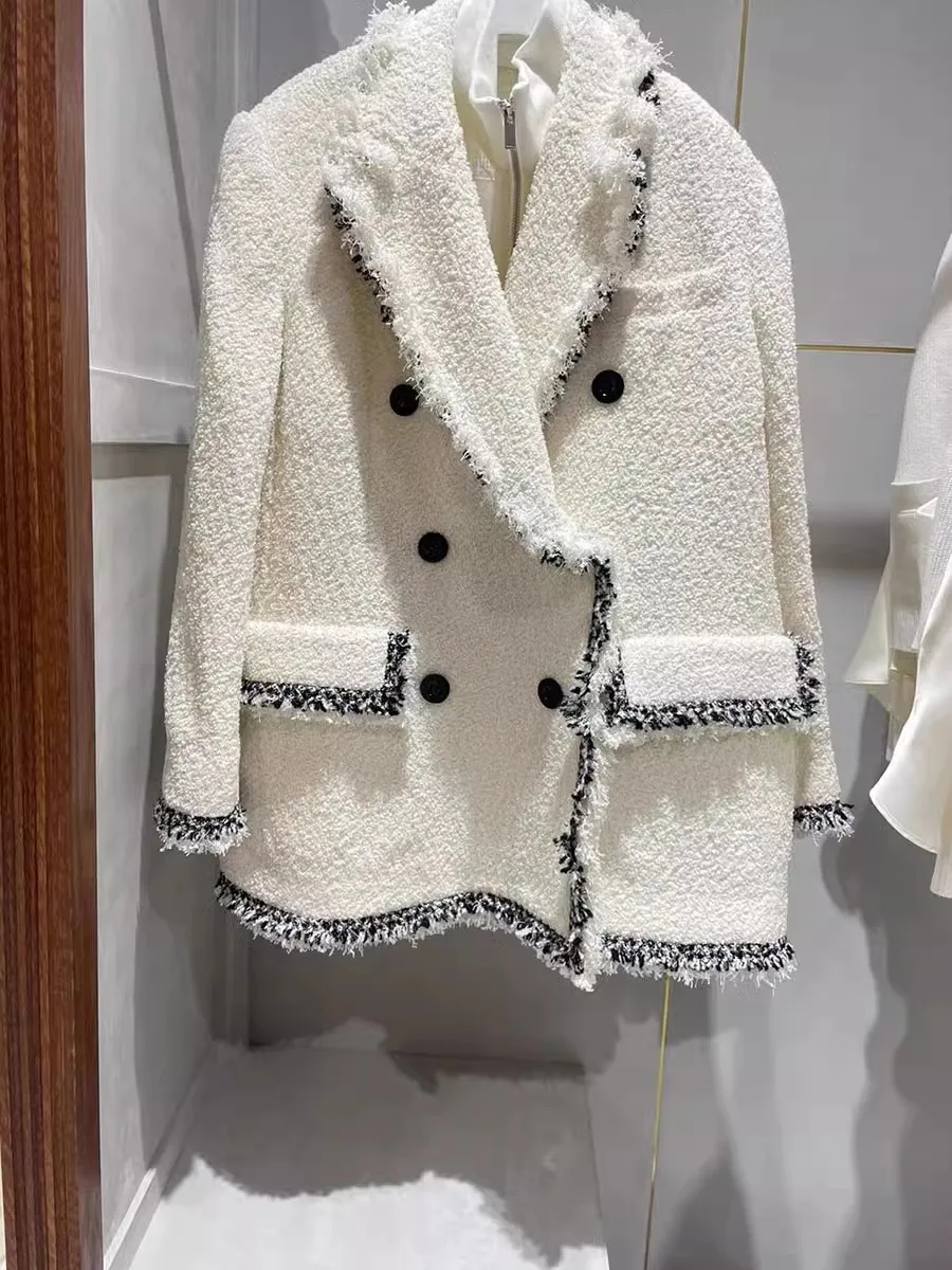 2023FW, осень-зима, новое женское высококачественное свободное Твидовое двубортное пальто, куртка, женское модное пальто, 2 цвета FS5