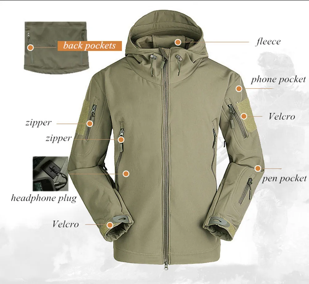 5XL 6XL Мужская тактическая походная куртка с мягкой оболочкой из акульей кожи, ветрозащитная, водонепроницаемая, с капюшоном, тепловая, военно-полевая, тактическая куртка, брюки3