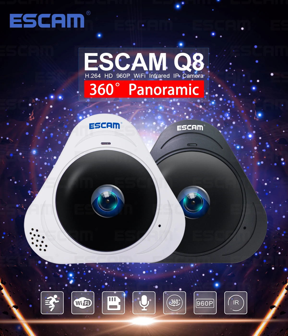 ESCAM Q8 HD 960P 1.3MP Панорамный Монитор 360 Градусов Fisheye WIFI ИК Инфракрасная Камера VR Камера С Двусторонним Аудио Продается5