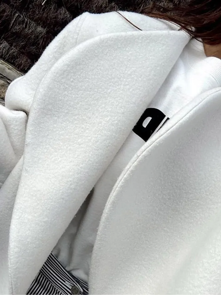 Белое Осеннее Короткое Пальто Для Женщин С Длинным Рукавом, Открытой Строчкой, V-образным Вырезом, Свободная Повседневная Женская Куртка, Модный Зимний Однотонный Шерстяной Кардиган5