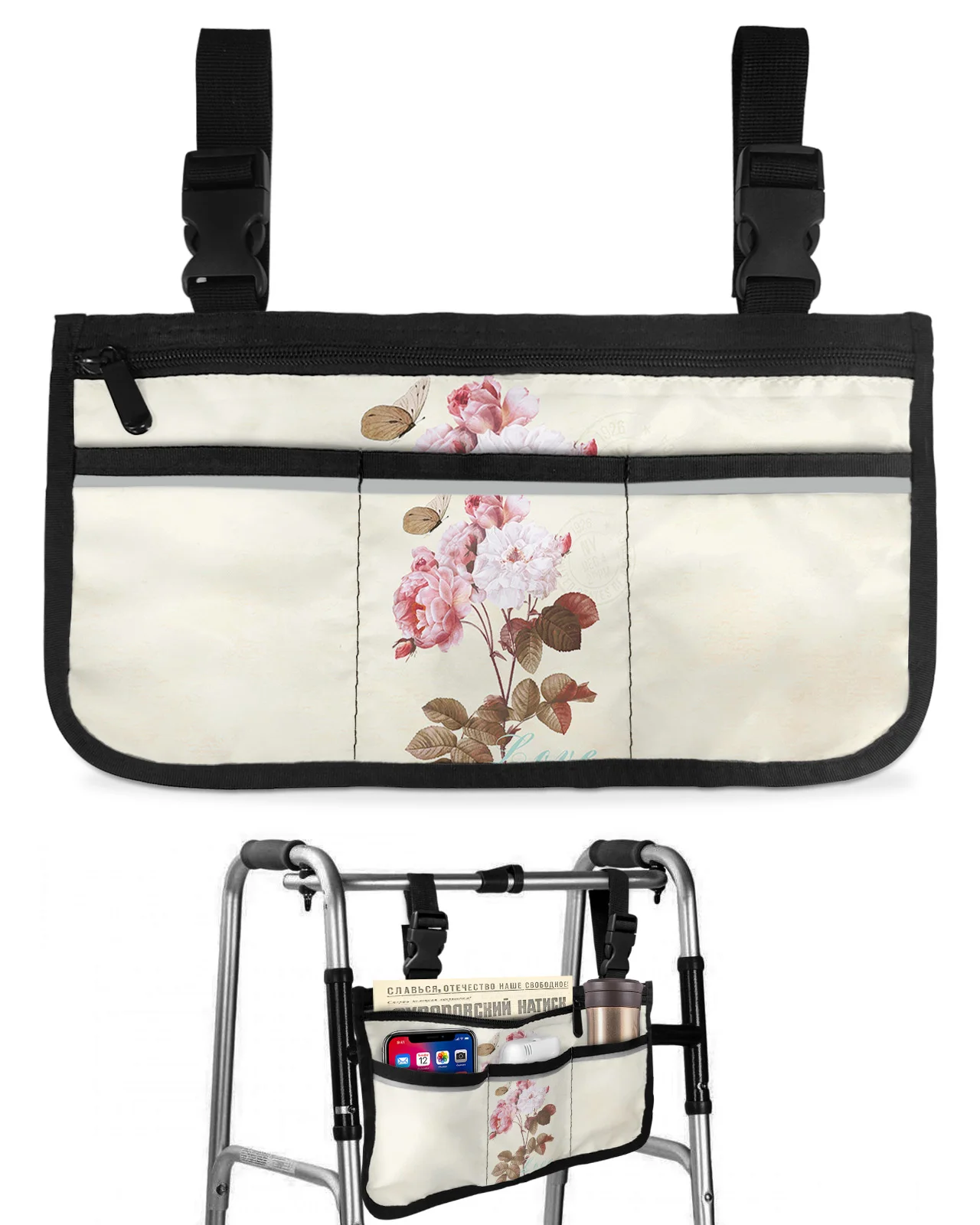 Винтажный подлокотник инвалидной коляски с цветочной бабочкой для хранения сбоку, несколько карманов со светоотражающими полосками, подвесная сумка для хранения детской тележки0