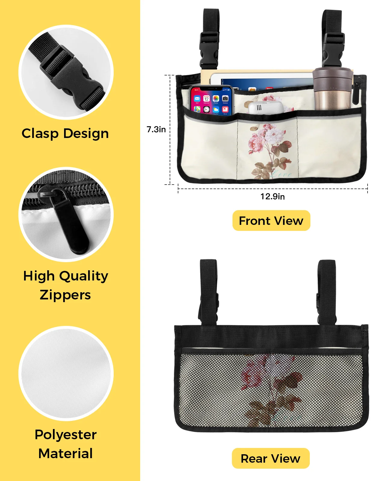 Винтажный подлокотник инвалидной коляски с цветочной бабочкой для хранения сбоку, несколько карманов со светоотражающими полосками, подвесная сумка для хранения детской тележки2