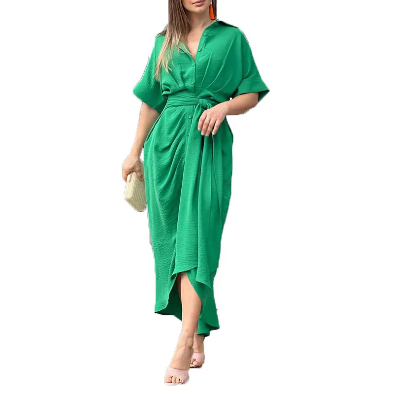 Европейская и американская женская мода, новинка 2023 года, однобортное платье-рубашка средней длины с короткими рукавами и высокой талией, платье-рубашка4