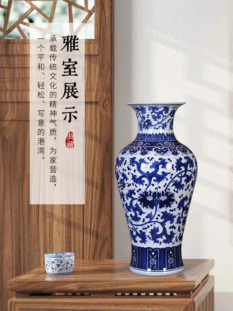 Керамическая ваза Цзиндэчжэнь, бело-голубая фарфоровая ваза, Цветочная композиция из шпагата в новом китайском стиле, фарфоровое украшение для гостиной4