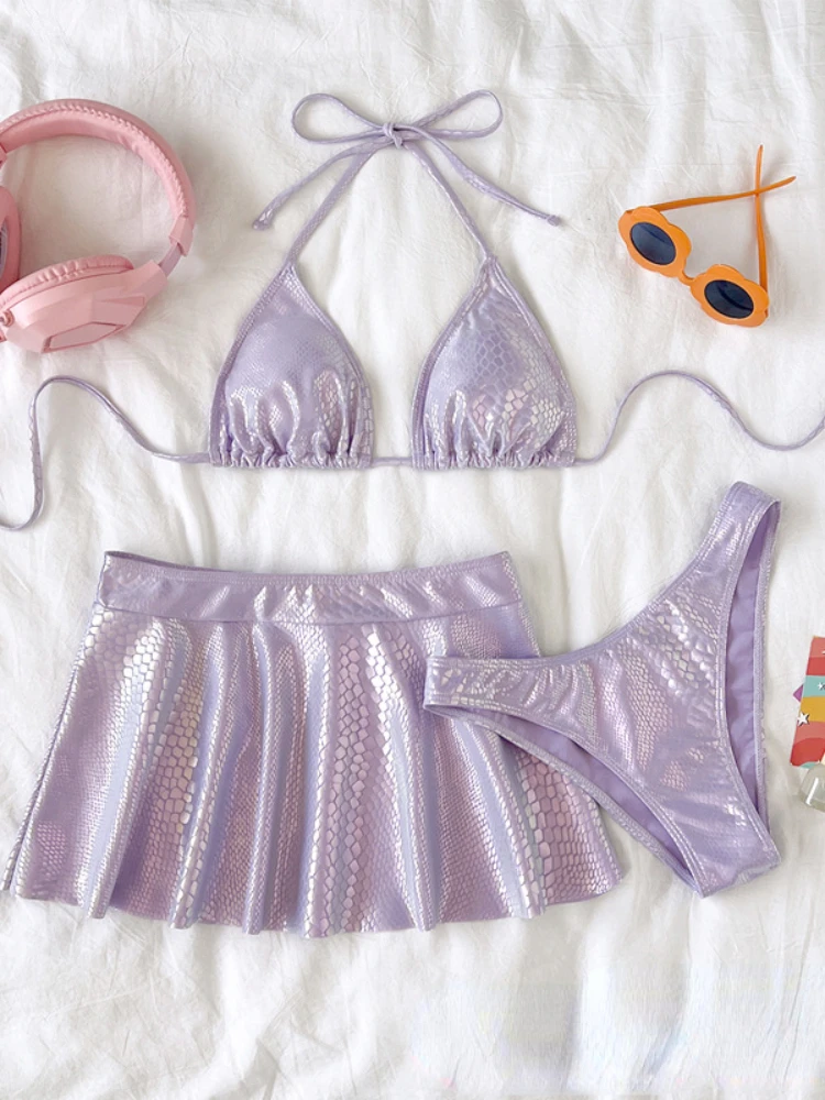 Летний Модный женский купальник, Однотонный Блестящий Сексуальный купальник с открытой спиной, три комплекта Бикини для пляжного отдыха, фиолетовый4
