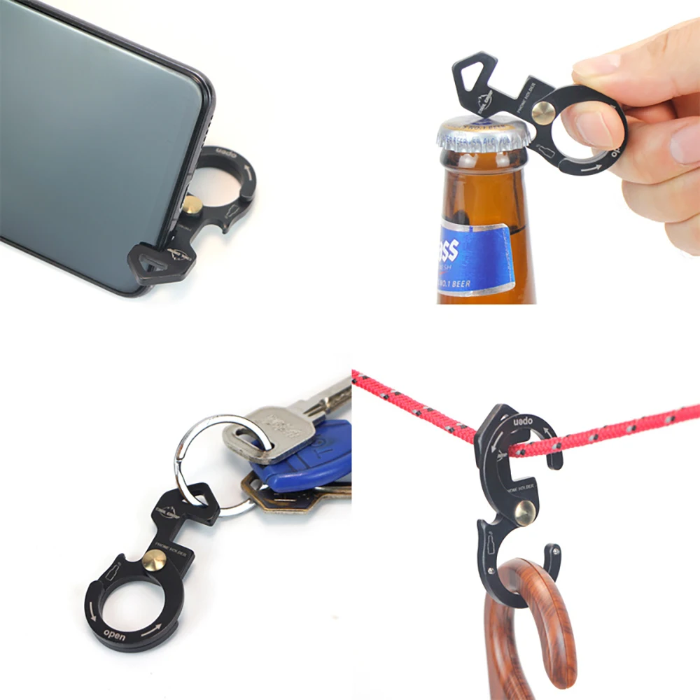 Многофункциональная цепочка для ключей из алюминиевого сплава, держатель для ключей, рама для мобильного телефона, Открывалка для бутылок, веревочный крюк для кемпинга на открытом воздухе.4