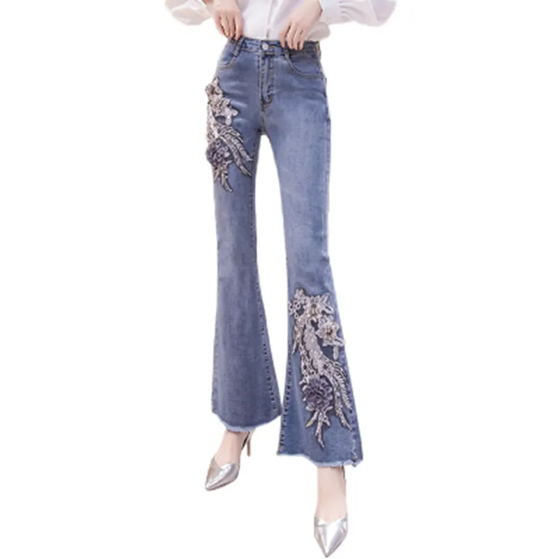 Модные джинсовые брюки-клеш, женские рваные джинсы в стиле ретро, Широкие брюки, Женские повседневные расклешенные женские брюки, Женские джинсовые0