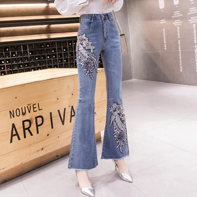 Модные джинсовые брюки-клеш, женские рваные джинсы в стиле ретро, Широкие брюки, Женские повседневные расклешенные женские брюки, Женские джинсовые1