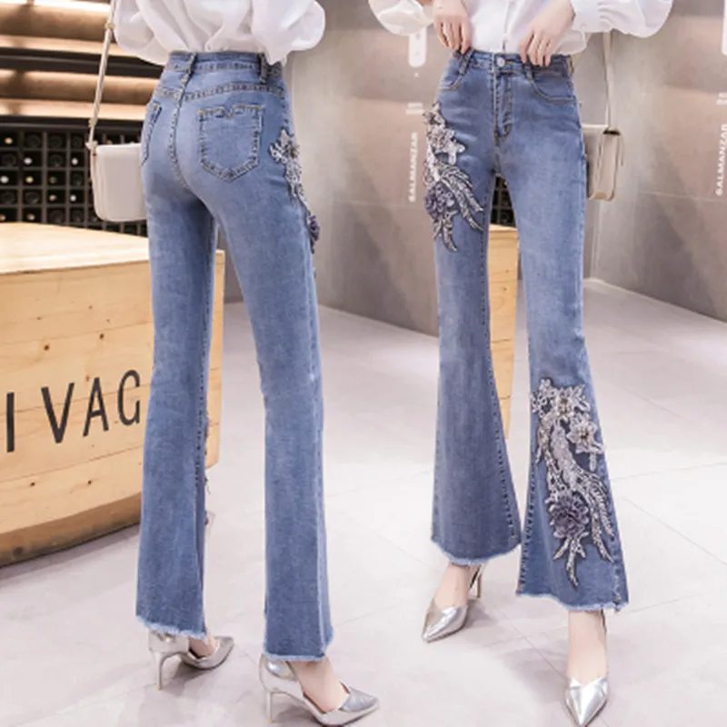 Модные джинсовые брюки-клеш, женские рваные джинсы в стиле ретро, Широкие брюки, Женские повседневные расклешенные женские брюки, Женские джинсовые2