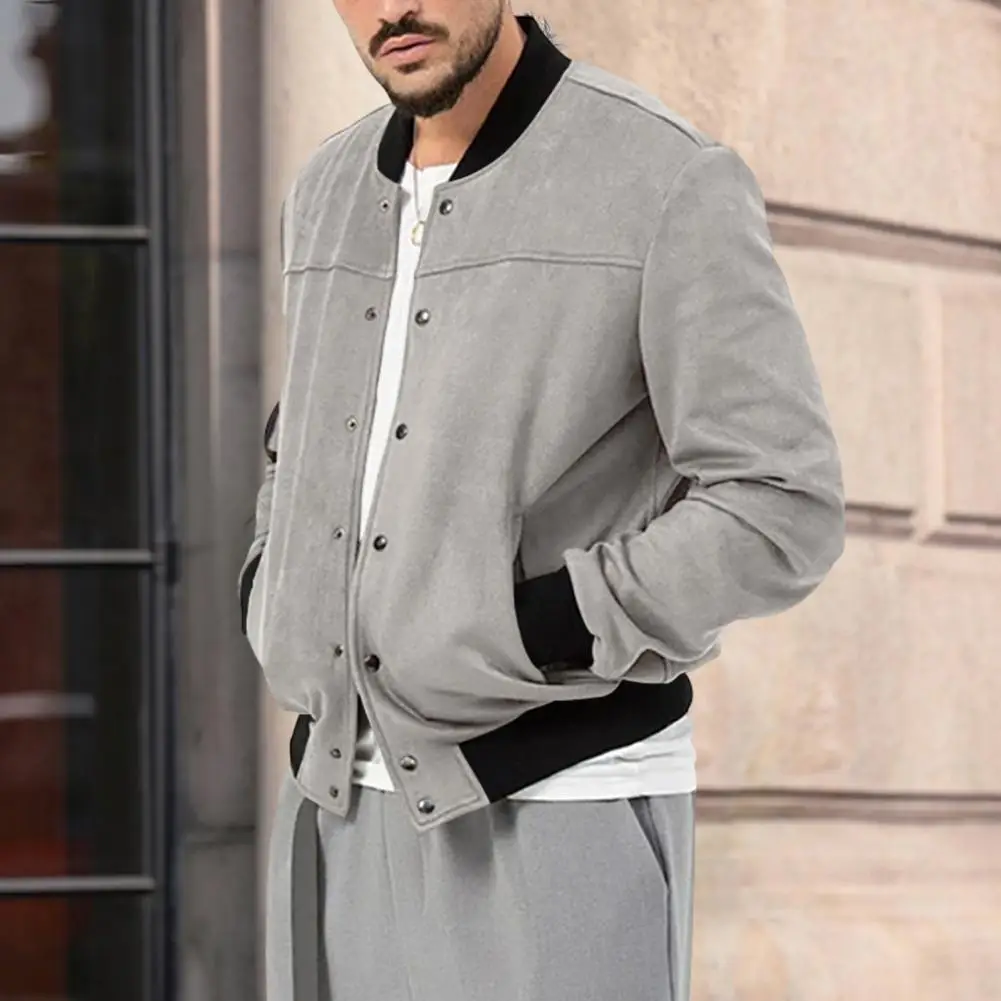 Мужское осенне-весеннее пальто с воротником-стойкой, Однобортное мужское пальто, эластичные манжеты, Мягкая искусственная замша, куртка-кардиган средней длины1