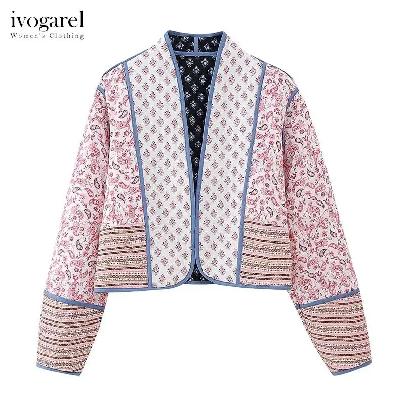 Шикарная стеганая двусторонняя куртка Ivogarel, женская осенняя винтажная куртка с цветочным рисунком, открытой передней частью и длинными рукавами0