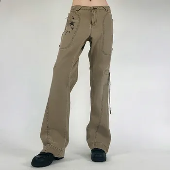 Бесплатная доставка, брюки-карго со звездным принтом, джинсы с заниженной талией и боковой завязкой, уличные лоскутные джинсы с широкими штанинами, винтажная одежда 90-х годов