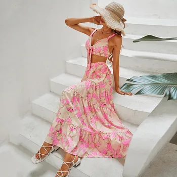 Богемный Сексуальный принт, Приталенная Розовая майка с принтом, юбка в стиле Бохо, Летние Пляжные платья для отдыха, Женские платья с цветами, Vestido