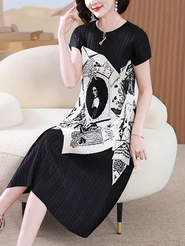 Высококачественное черное платье с принтом в стиле ретро 2023, новое женское летнее платье большого размера в складку черного цвета.