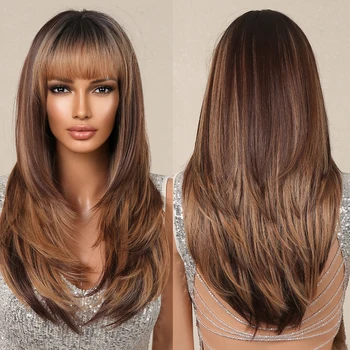 Длинные коричневые многослойные синтетические парики Омбре с челкой, медово-коричневый парик из натуральных прямых волос для женщин на каждый день, Термостойкий поддельный парик