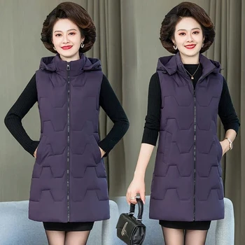 Для матери среднего возраста, Черный съемный жилет с капюшоном, куртка 6xl, осенне-зимнее женское хлопковое пальто без рукавов, повседневное длинное пальто