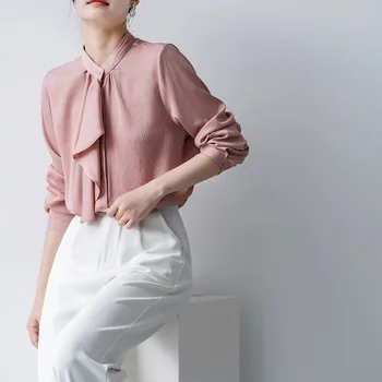 Женская атласная рубашка с плиссированной лентой, Офисная женская Однотонная блузка с воротником-стойкой и длинным рукавом 2023, Весенне-летние Элегантные топы