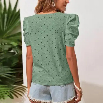 Женская повседневная футболка, стильная женская плиссированная блузка с круглым вырезом, дышащий мягкий модный летний топ с короткими рукавами-пузырями