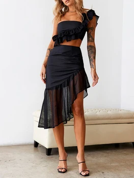 Женская юбка, комплект из 2 предметов, топ с рюшами на одно плечо, юбка с нерегулярным подолом, пляжная юбка, одежда для коктейлей и вечеринок
