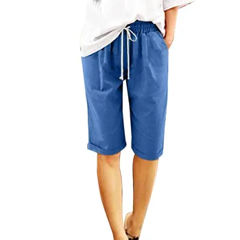 Женские летние хлопчатобумажные брюки, шорты с высокой талией, пляжные тренировочные брюки со шнуровкой, Пятиточечные брюки с карманами