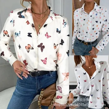 Женский топ 2023, модная рубашка с длинным рукавом и принтом, рубашка с отворотом и бабочкой