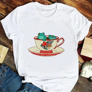 Забавная универсальная летняя футболка с коротким рукавом, простая и повседневная женская пляжная футболка с принтом лягушки, трендовая женская футболка с принтом растений.