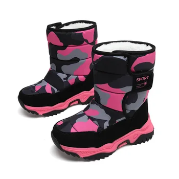 Зимняя детская обувь, плюшевая водонепроницаемая нескользящая обувь для девочек, сапоги на резиновой подошве, модные теплые камуфляжные ботинки для мальчиков