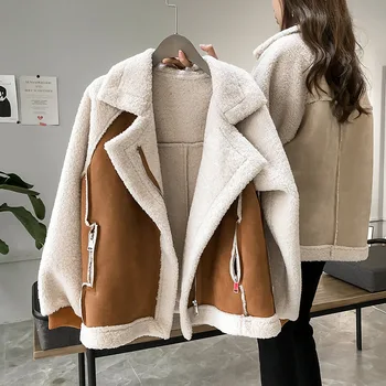 Зимняя Контрастная Байкерская куртка свободного кроя Корейского коричневого цвета, женское Флисовое утепленное пальто, Винтажная Женская верхняя одежда большого размера с отворотом в повседневном стиле