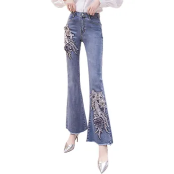 Модные джинсовые брюки-клеш, женские рваные джинсы в стиле ретро, Широкие брюки, Женские повседневные расклешенные женские брюки, Женские джинсовые