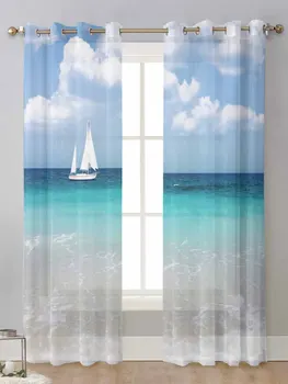 Море, пляж, Плывущие облака, прозрачные шторы для окна гостиной, прозрачная вуаль, тюлевая занавеска, шторы Cortinas, декор для дома