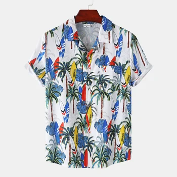 Мужская одежда, модная футболка с пуговицами, Новая мужская рубашка 2023 года, Гавайская мужская рубашка, пляжный принт в виде кокосовой пальмы, короткий рукав