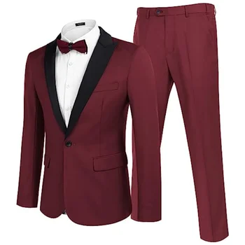 Мужской костюм бордового цвета из 2 предметов с черным отворотом, приталенный для свадьбы, Деловой Повседневный рабочий комплект смокинга для жениха, куртка и брюки