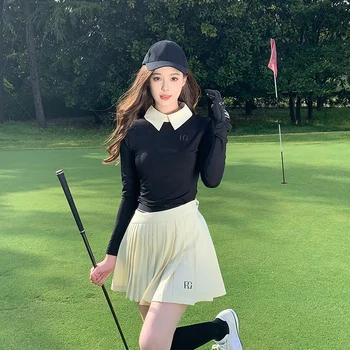 Новая женская одежда для гольфа, топ с лацканами и длинным рукавом, дышащая Черная рубашка поло, женская спортивная майка Skort в складку.