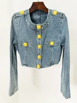Новая мода 2023, Дизайнерская стильная куртка, женская джинсовая короткая куртка с золотыми пуговицами