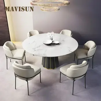 Обеденный стол с мраморной столешницей из черного камня большого круга в скандинавском стиле с поворотным столом, Обеденные стулья в загородном стиле на 8 персон, Ресторанная мебель