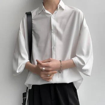 Однотонные белые мужские рубашки Летние Свободные повседневные блузки с коротким рукавом Модный мужской кардиган Ice Silk В новом корейском стиле