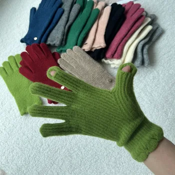 Однотонные шерстяные вязаные перчатки, модные холодостойкие теплые перчатки на полный палец, шерстяные женские перчатки для вязания крючком, зимние