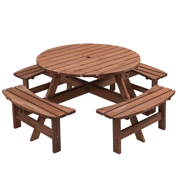 Открытый Круглый деревянный стол для пикника на 8 персон с 3 встроенными скамейками для внутреннего дворика и сада на заднем дворе, серый