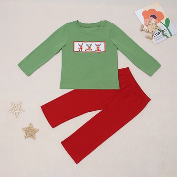 Рождественская Вышивка Оленя Детская Одежда Для Мальчиков, Детский Красно-Зеленый Костюм, Однотонные Брюки, Хлопковые Детские Фермерские Стили