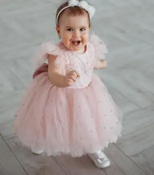 Розовое пышное платье из тюля с рукавами-перьями и оборками, платье для первого дня рождения для маленькой девочки, платье-пачка, платье для свадебной вечеринки в цветочек для девочек