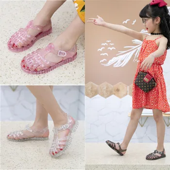 Сандалии для девочек, Новые большие детские желейные туфли, Римские туфли с блестками, Пляжная обувь Baotou, Летние детские сандалии принцессы