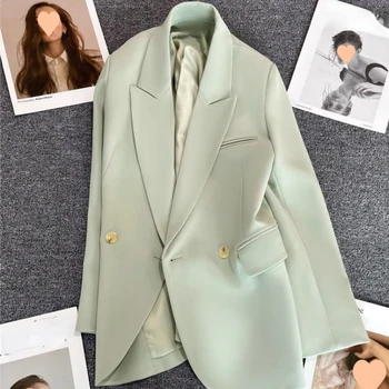 Тонкий женский блейзер, весенне-осенняя куртка, женский атласный костюм, Корейский блейзер, женский двубортный костюм, пиджак для деловой офисной леди