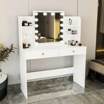 Туалетный столик, светильники, хрустальные ручки, 6 полок, Зеркало, окрашенное в белый цвет, для спальни