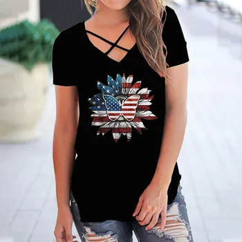 Флаг Дня Независимости, Топ с принтом Америки, женский жилет без рукавов с V-образным вырезом, рубашки с большим ремешком, женские